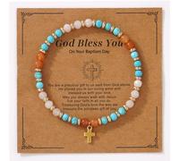 SHINUS BOHO Christian Gold Cross Bracelets for Women Faith Easter Catholic Religious Christian Jewelry, Meaningful Baptism Communion Natural Beads Bracelet Gift., 5 UK, Brass, no gemstone