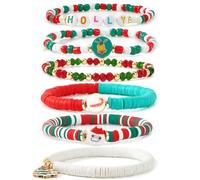 SHINUS BOHO Christmas Day Surfer Heishi Beaded Bracelets for Women Stackable Vinyl Disc Clay Stretch Bracelet Elastic Layering Friendship Winter Jewelry Gifts, 7.0, no gemstone