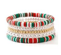 SHINUS BOHO Christmas Day Surfer Heishi Bracelets for Women Stackable Rainbow Vinyl Disc Clay Beaded Stretch Elastic Layering Friendship Bracelet Boho Winter Prom Jewelry, 7.0, Alloy Steel, no