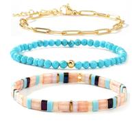SHINUS BOHO Tila Flat Beaded Stack Gold Paperclip Link Bracelets Set for Women, 3Pcs Trendy Handmade Miyuki Glass Beads Bracelet Chain Festive Holiday Accessories Jewelry Gift., 7.0, Brass, no