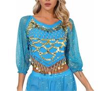Shiny Belly Dance Top for Women, Puff Long Sleeve Chiffon Sequin Dance Tops, Glitter Coins Tassels Blouse for Festival Clubbing Wear, Self-tie Back Tribal Crop Top for Belly Dance Performance Outfit