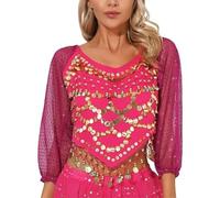 Shiny Belly Dance Top for Women, Puff Long Sleeve Chiffon Sequin Dance Tops, Glitter Coins Tassels Blouse for Festival Clubbing Wear, Self-tie Back Tribal Crop Top for Belly Dance Performance Outfit