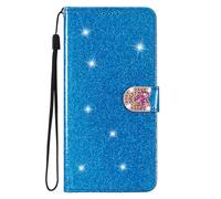 Shiny Blue Leather Wallet for Samsung Galaxy A14 Bling Glitter Flip Protective Folio Cover Sparkle Case With Kickstand 3D Diamond Heart Buckle Magnetic Wallet Pocket Case for Samsung Galaxy A14 4G/5G