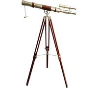 Shiny Brass Double Barrel Telescope Brown Leather Collectible Nautical Floor Standing wooden Adjustable Tripod Maritime Ship Instrument Functional Telescopic