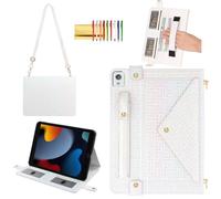 Shiny Case for iPad 6th/5th Gen 9.7 Inch (2018/2017), iPad Pro 9.7"/Air 2, Techcircle Crossbody Iridescent Folio Stand Multi-Pocket Wallet Case with Pencil Holder+Hand/Shoulder Strap, Shiny White