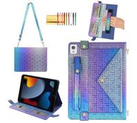 Shiny Case for iPad 6th/5th Gen 9.7 Inch (2018/2017), iPad Pro 9.7"/Air 2, Techcircle Crossbody Iridescent Folio Stand Multi-Pocket Wallet Case with Pencil Holder+Hand/Shoulder Strap, Shiny Indigo