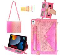 Shiny Case for iPad 9th 8th 7th Gen 10.2"/iPad Air 2019/iPad Pro 10.5, Techcircle Crossbody Iridescent Folio Stand Wallet Case with Pencil Holder+Card Slots+Hand Strap+Shoulder Strap, Shiny Rose Pink