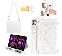 Shiny Case for iPad Pro 12.9" 6th/5th/4th Gen & iPad Air 13-inch Handbag w/Hand Strap, Techcircle Crossbody Iridescent Folio Stand Wallet Case w/Pencil Holder+Shoulder Strap, Shiny White