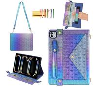 Shiny Case for iPad Pro 13-inch M4 M5 Handbag Case, Techcircle Iridescent PU Leather Folio Stand Envelope Wallet Cover with Hand/Shoulder Strap+Pencil Holder+Card Slots, Shiny Indigo