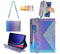 Shiny Case for Samsung Galaxy Tab S8+/S7+/S7 FE 12.4" Handbag with Hand Strap, Techcircle Iridescent PU Folio Envelope Pocket Stand Cover with Shoulder Strap+Pen Holder+Card Slots, Shiny Indigo