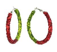 Shiny Christmas Hoop Earrings for Women Big Red Green Sequin Cubic Zircon Exaggerated Dangle Hoops Large Retro Geometric Round C-Shaped Holiday Festival Statement Jewelry (Red Green)