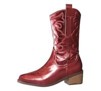 Shiny Cowboy Boots Womens Vintage Embroidered Pointed Toe Boots Block Chunky Heel Cowgirl Boot Metallic Pull On Ankle Boot Stitched Western Riding Shoes Retro Comfortable Short Booties