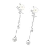 Shiny CZ Stone Floral Earrings Chain Simulated Pearl Bridal Jewelry Gold or Silver Plated Wedding Accessories Bridal CZ Crystal Earrings, フリーサイズ