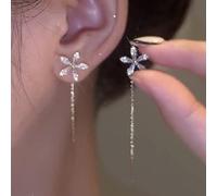 Shiny Diamond Flower Earrings, Crystal Flowers Tassel Chain Dangle Drop Earrings Flowers Shape Dainty Drop Earrings for Women and Girls (Silver)