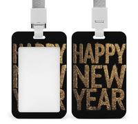 Shiny Golden Text Happy New Year ID Badge Holder Retractable Clip Card Holder Card Protector Name Badge Name Tag for Work Office Doctor Nurse