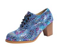 Shiny Lace Up Oxford Shoes for Women Round Toe Holographic Mesh Sequin Chunky Block Heel Hollow Cutout Glitter Party Dress Footwear Retro Disco Dance Daily Commute Fashion Ankle Shoes Blue