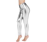 Shiny Leggings for Women UK Plus Size Leather Fleece Lined Winter Thermal Leggings Women High Waisted Adult Disco Fancy Dress Costume Silver, XL