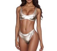 Shiny Metallic Gold One-Piece Swimming Costume for Women - Deep V-Neck, High-Cut Legs, Sleek & Stylish Design - Perfect for Beach, Pool, and Vacation Wear - Comfortable & Durable