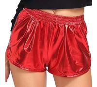 Shiny Metallic Sexy Shorts Women Elasticated Waist Reflective Pants Stretchy Solid Colour Sparkly Outfit Mini Shorts Dance Rave Disco Hot Pants for Party Night Clubwear Streetwear Red