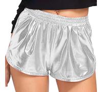 Shiny Metallic Sexy Shorts Women Elasticated Waist Reflective Pants Stretchy Solid Colour Sparkly Outfit Mini Shorts Dance Rave Disco Hot Pants for Party Night Clubwear Streetwear Silver