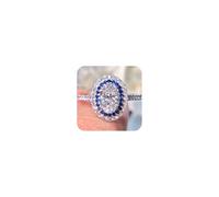 Shiny Oval Blue White Wedding Statement Halo Ring for Women Her 925 Sterling Silver Plated Luxury Simulated Diamond Cut Cubic Zirconia CZ Engagement Promise 3CT Bands Female Rings (Size 9)