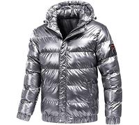 Shiny Puffer Jacket Mens Outdoor Down Jackets Casual Padded Cotton Jacket Zipper Snap Button Hooded Overcoat Winter Warm Quilted Jacket with Pocket Outdoor Windproof Work Coats Ski Outwear Plus Size