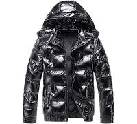 Shiny Puffer Jacket Mens Outdoor Down Jackets Sale Casual Padded Cotton Jacket Zipper Snap Hooded Overcoat Winter Warm Quilted Jacket with Pocket Outdoor Windproof Work Coats Ski Outwear Plus Size