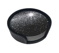 Shiny Silver Glitter Round Leather Coasters (6 Pieces) - Drink Coaster Set For Desk, Modern Easy To Clean Home Office & Farmhouse Coasters