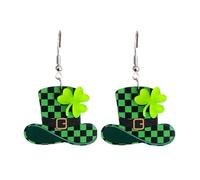 Shiny St. Patrick's Day Shamrock Cat Earring Glitter Acrylic Goblin Checkerboard Grid Earring for Irish Festival Party Jewelry, Zinc, No Gemstone
