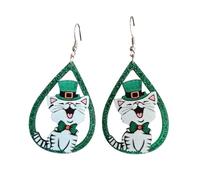 Shiny St. Patrick's Day Shamrock Cat Earring Glitter Acrylic Goblin Checkerboard Grid Earring for Irish Festival Party Jewelry, Zinc, No Gemstone