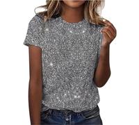Shiny Tops Women's Elegant Party Shirt Silver Glitter Tunic T-Shirt Sparkly Shirt Short Sleeve Tops Wedding Glitter Top Blouse Sparkly Sequin Tops Elegant Festive Women's Blouse, O Grey, Large