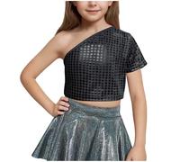 Shiny Tshirts for Girls Metallic Sequin One Shoulder Crop Tops Short Sleeve T-Shirts Loose Fit Comfy Girls' Vest Performance Recital Wear Party Outfit Black 7 Years