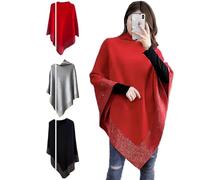 Shiny Women's Wool Shawl,Irregular Poncho,Womens Elegant Knitted Shawl Poncho,Bat Sleeve Warm Knitted Capes for Women (Red,L)