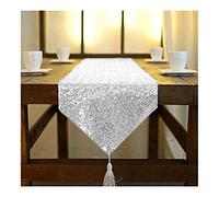 ShinyBeauty Silver Table Runner Tassel Silver Table Cover For Party 12x90-Inch Linen Table Runner Sequins Wedding Bridal Shower Decoration (12x90-Inch, Silver)