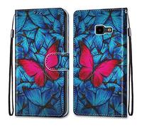 ShinyCase Colorful PU Leather Wallet Flip Cover for Samsung Galaxy J4 Plus,Shockproof Card Slots Side Pocket Anti-Dust Magnetic Bookstyle Case Compatible with Galaxy J4 Plus-Red Blue Butterfly
