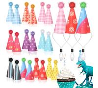 Shinylin 24 Pcs Mini Party Hats with Pom Poms Stuffed Animals Tiny Felt Cone Birthday Hats for Toys Dinosaur Small Dogs Cats(Stylish)