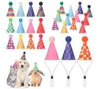 Shinylin 24 Pcs Mini Party Hats with Pom Poms Stuffed Animals Tiny Felt Cone Birthday Hats for Toys Dinosaur Small Dogs Cats(Chic)