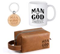 Shinylin 3 Pcs Pastors Man of God Gifts for Men Christian 11.2oz Inspirational Coffee Mug Religious Bible Verse Leather Toiletry Bag Scripture Keychain for Dad Church Baptism Souvenir Christmas