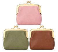 Shinylin 3 Pcs Women's Small Coin Purse Vintage PU Leather Change Purse Rectangle Kiss Lock Coin Pouch Pocket-sized Solid Color Mini for Women Green Brown Pink Green