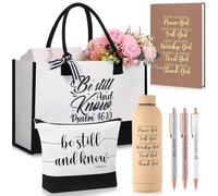 Shinylin 7 Pcs Christian Gift for Women Faith, Inspirational Religious Gifts for Women, Catholic Tote Bag Makeup Bag Pens, Beige
