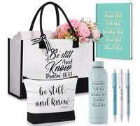 Shinylin 7 Pcs Christian Gift for Women Faith, Inspirational Religious Gifts for Women, Catholic Tote Bag Makeup Bag Pens, Light Blue