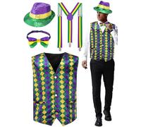ShinyMatch 4 Pcs Mardi Gras Vest Outfits for Men Adults Suspenders Sequin Hat Bowtie Accessories for Carnival Parade, Yellow, Green, Purple, Large
