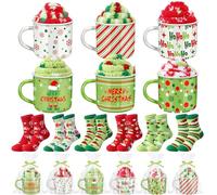 ShinyMatch 6 Pack Christmas Mug Gift Set 12oz Christmas Enamel Coffee Mug Xmas Fuzzy Socks Holiday Cup Slipper Socks transparent Bags and Ribbon DIY Gift for Women Coworker Friends Party (Green,Cute)