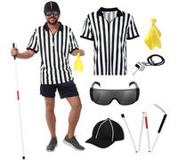 ShinyMatch 6 Pcs Men's Referee Shirt Blind Referee Costume Kit Folding Blind Cane Referee Hat Glasses Whistle Penalty Flag(XX-Large)