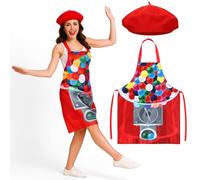 ShinyMatch Halloween Gumball Machine Costume with Apron and Red Beret Hat Candyland Costumes for Women Adult Vending Machine Dress Halloween Cosplay Accessories