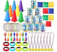 ShinyRelief 67 Pcs Carnival Games Combo Set for Kids Adults, 6 in 1 Bean Bag Toss Can 3 Legged Relay Race Ring Toss Egg Spoon Game for Family Outdoor Lawn Yard Field Day Birthday Party(Hawaiian Style)