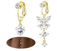ShinyStyle J4You 2Pcs Gold Fake Belly Ring for Women Pink Cute Clip On Belly Button Rings Non Piercing, Crystal, cubic-zirconia