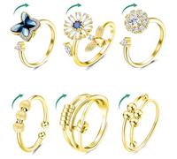 ShinyStyle J4You 6Pcs Anxiety Ring for Women Gold Fidget Ring for Anxiety Adjustable CZ Flower Butterfly Spinner Rings Fidget Anxiety Jewelry Figet Spinning Rings
