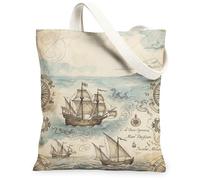 Ship Canvas Tote Bag for Women, Nautical Vintage Compass Waves Summer Beige Washable Reusable Everyday Tote Bags for Shoppi, Beige, 13x15 Inch