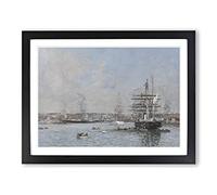 Ship In Le Havre By Eugene Boudin Classic Painting Framed Wall Art Print, Ready to Hang Picture for Living Room Bedroom Home Office Décor, Black A2 (64 x 46 cm)